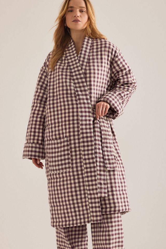 Piglet In Bed Berry Gingham Linen-Blend Housecoat #2