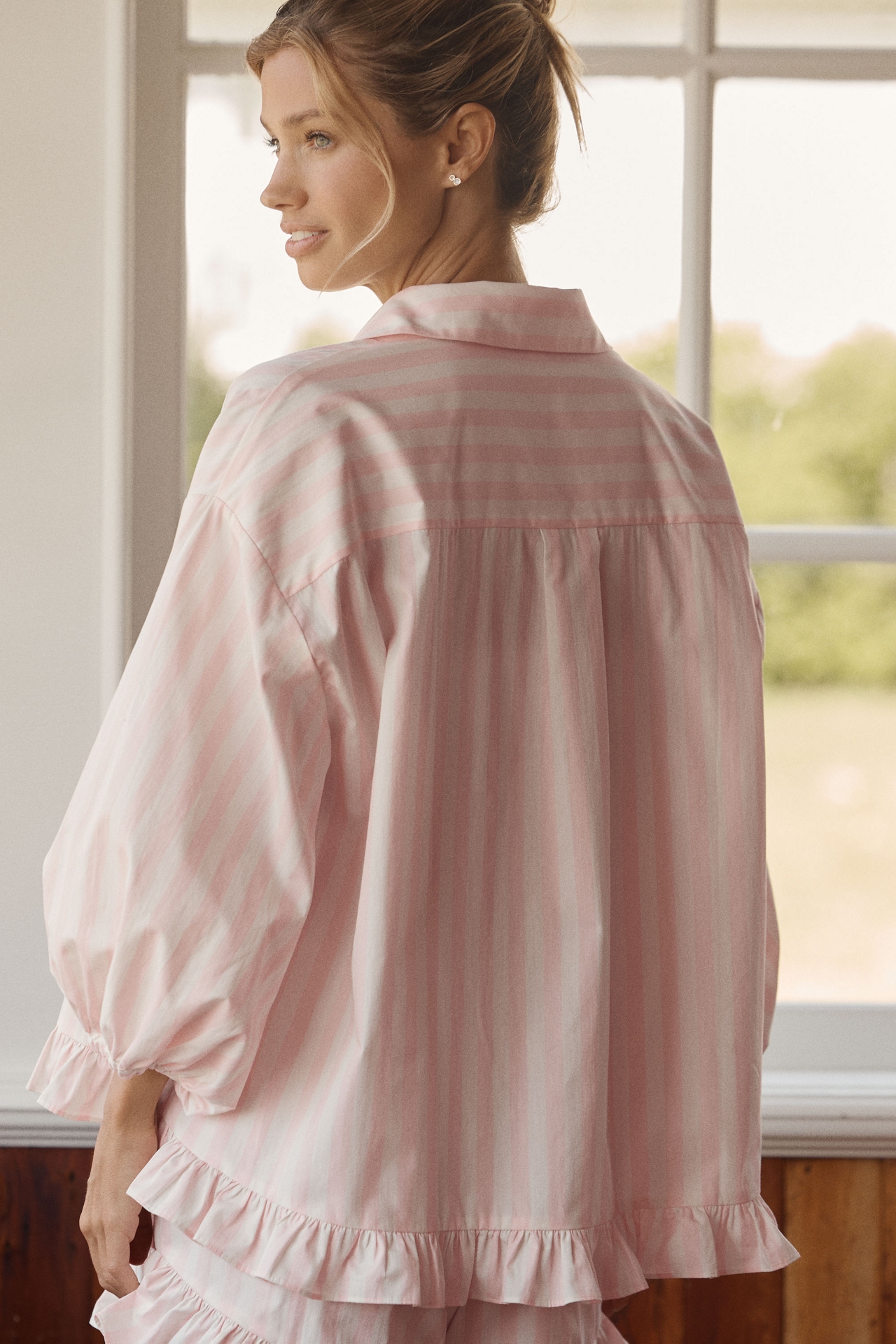 LyreBird Cotton Poplin Ruffled Button Down Shirt
