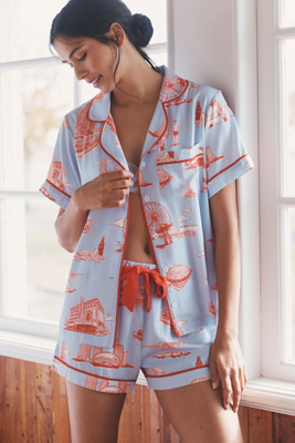 Katie Kime City Toile Pajama Shorts Set In Blue