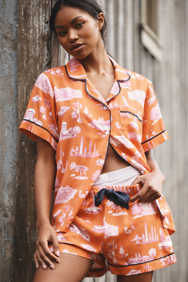 Katie Kime City Toile Pajama Shorts Set In Orange