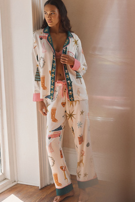 Katie Kime Mod Holiday Long-sleeve Top & Pants Pajama Set In White