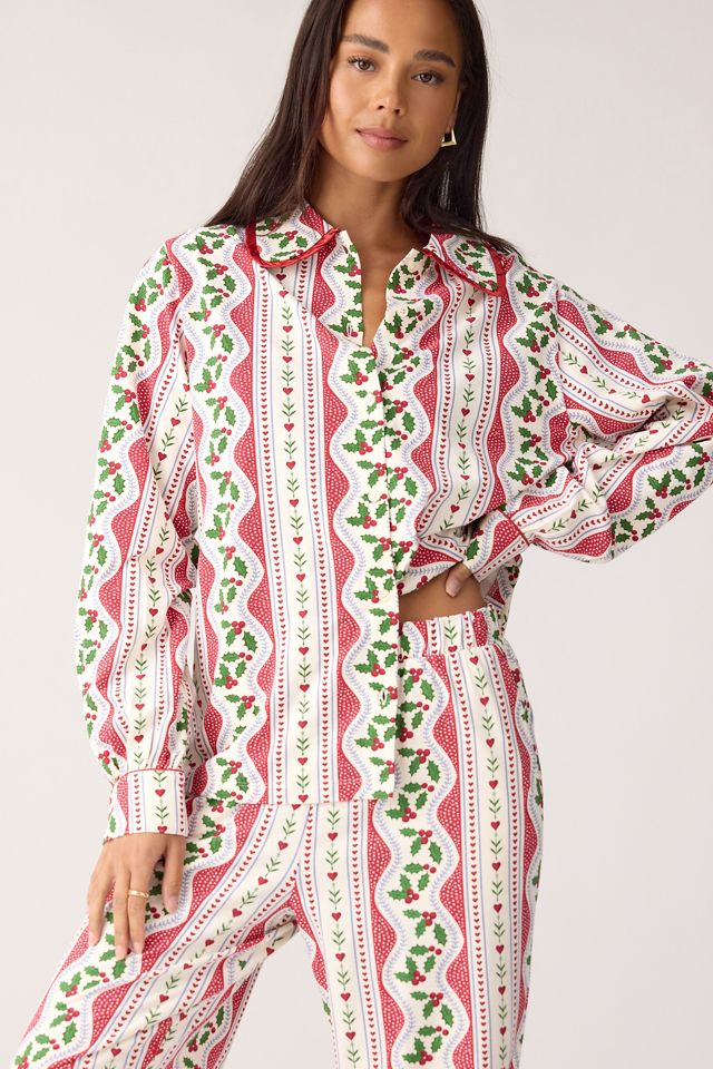 Chelsea Peers Garland Holly Stripe Print Long Pyjama Set | Anthropologie UK
