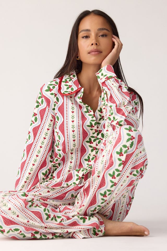 Chelsea Peers Garland Holly Stripe Print Long Pyjama Set | Anthropologie UK