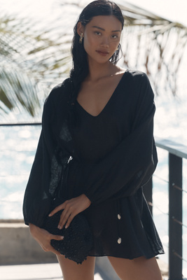 L*space Boat Trip Linen Tunic Mini Dress In Black