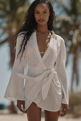 L*space Lspace Las Palmas Long Sleeve Cover-up Wrap Dress In Beige