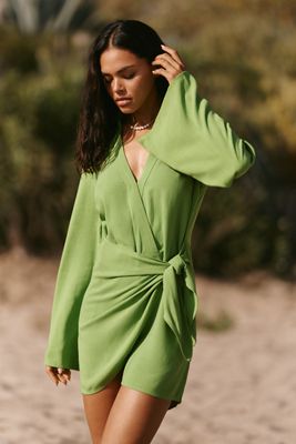 anthropologie green long sleeve dress Anthropologie green puff-sleeve taffeta wrap dress