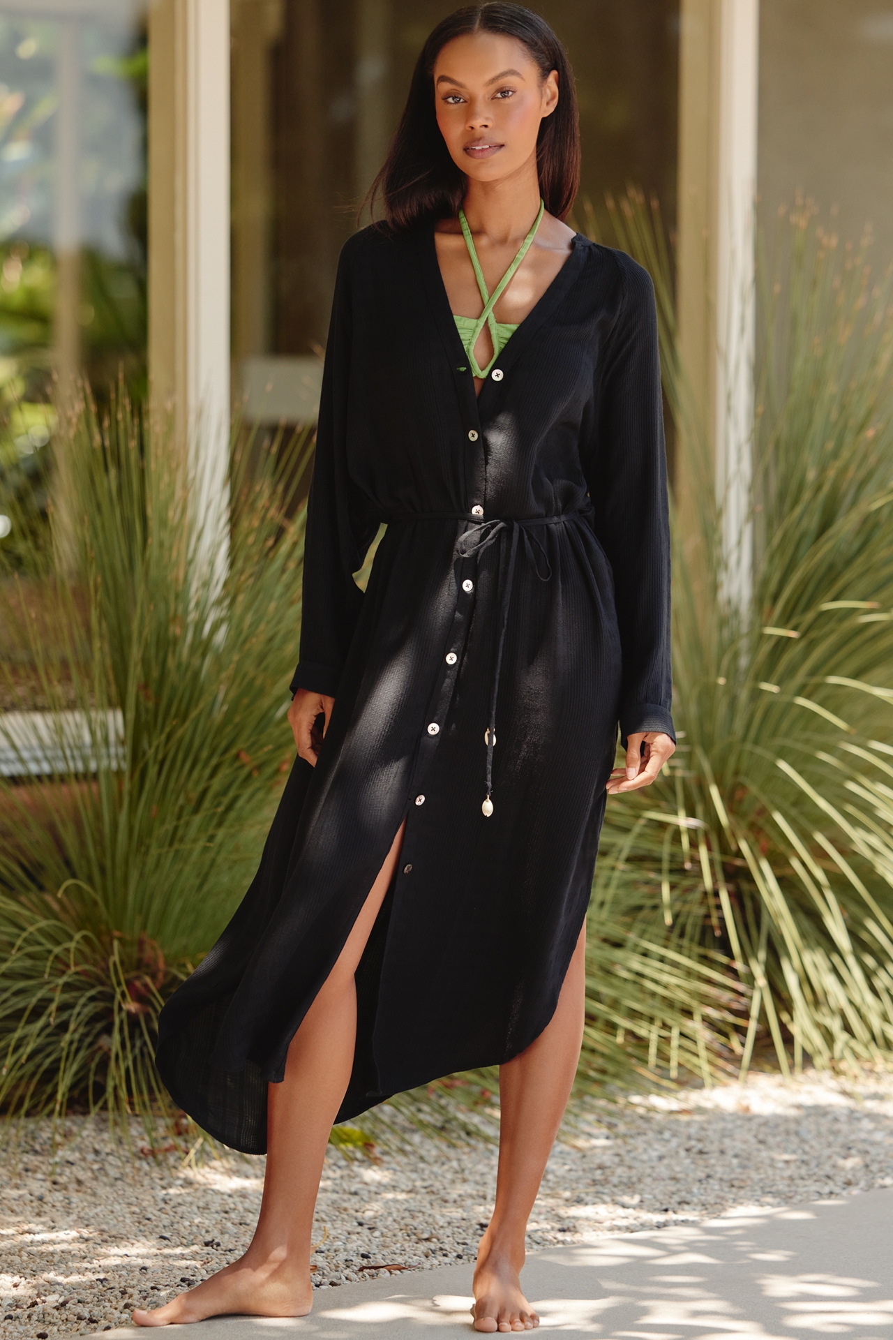 LSPACE Yoli Long-Sleeve Cover-Up Midi Shirt Dress