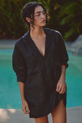 L*space Oasis Linen Long-sleeve Tunic In Black