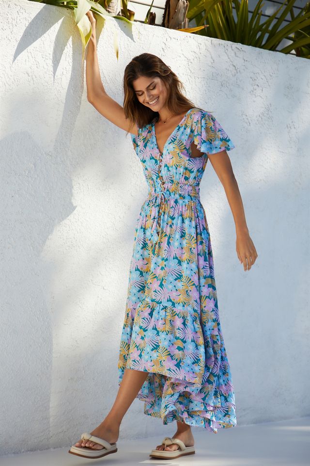 ハワイアントロピカルフラワー柄 マキシドレス Tiare Hawaii New Moon Ruffle Cover-Up Dress | Anthropologie