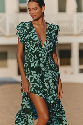 Tiare Hawaii Dahlia Ruffle-Sleeve V-Neck Maxi Dress
