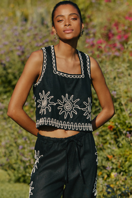 x Rails Akira Linen Embroidered Cropped Top