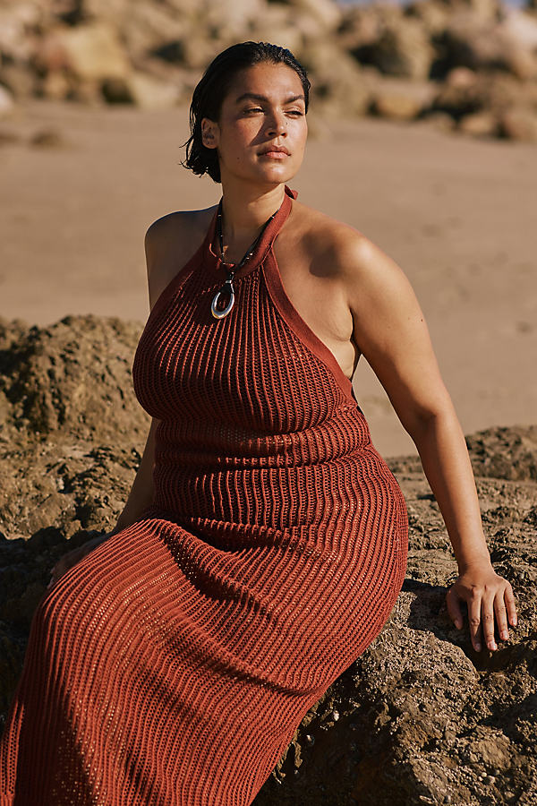 Shop Beach Riot X Anthropologie Halter Crochet Cover-up Dress In Brown