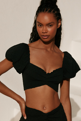 Shop Peixoto Louisa Off-shoulder Gathered Puff-sleeve Crop Top In Black