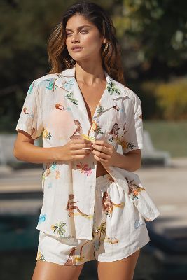 SEAFOLLY ISLA PALM LINEN BLEND SHORT-SLEEVE BUTTONDOWN SHIRT 