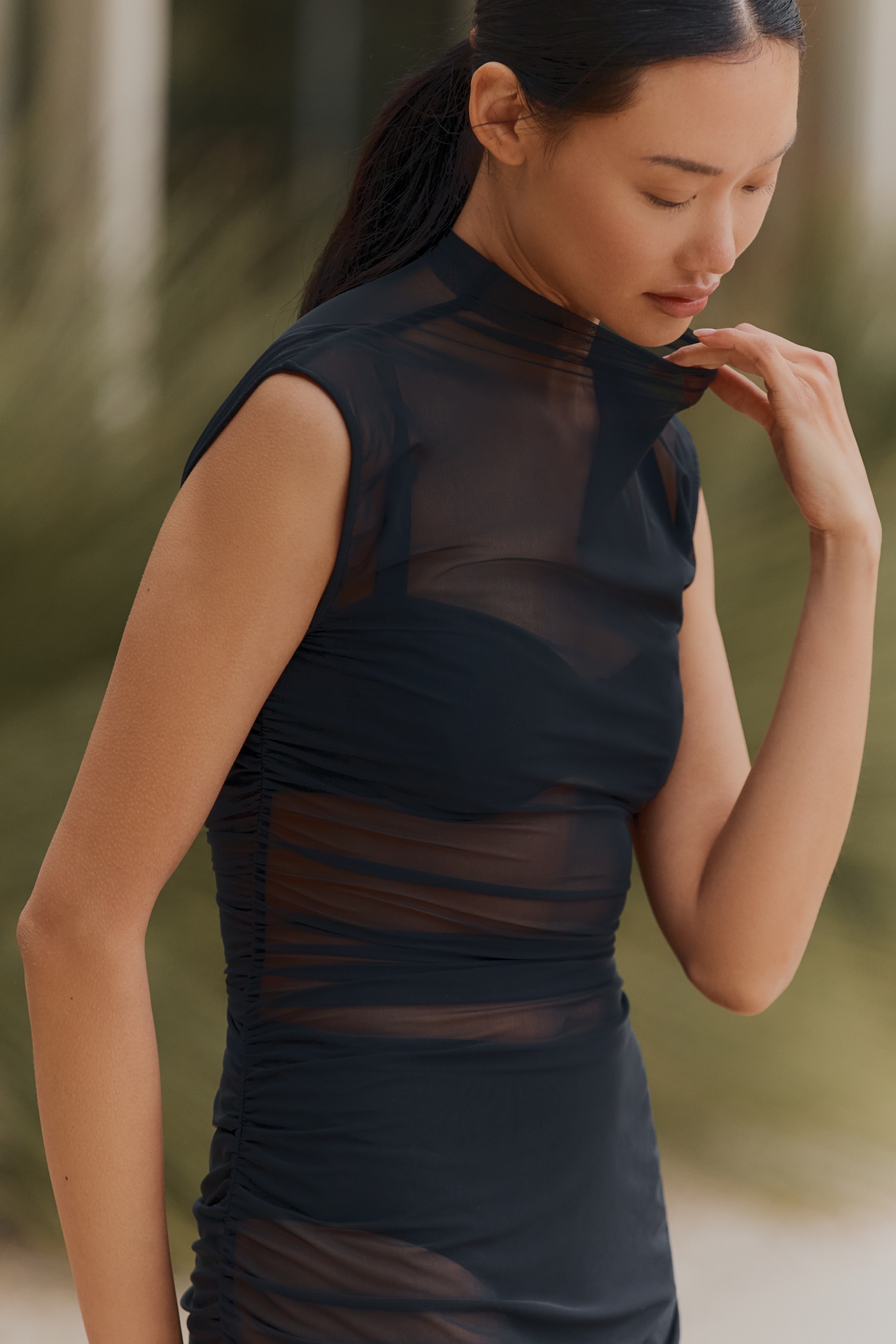 JETS Jetset Lure Ruched Sheer Mesh Midi Dress