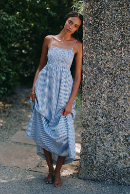 Seafolly Sleeveless Striped Shirred Maxi Dress In Blue
