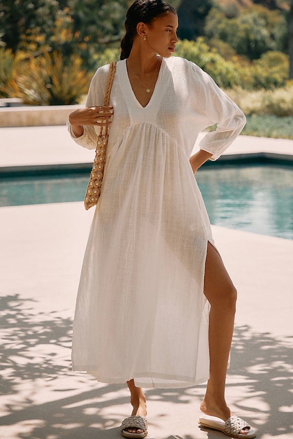 Malai Long-sleeve Easy V-neck Cover-up Dress In White