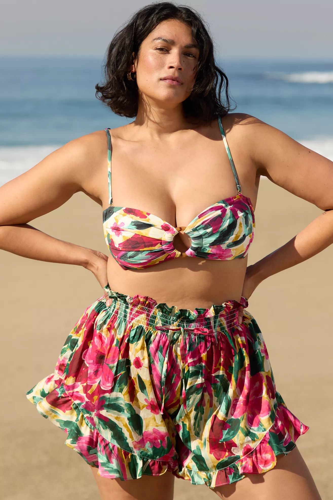 Plus-size, floral, ruffle swim cover-up shorts and a matching swim top