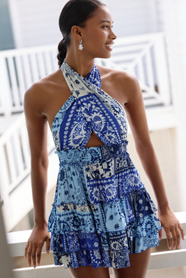 AGUA BENDITA MAONA PRINTED HALTER RUFFLE MINI DRESS 