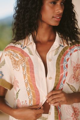 Farm Rio White Palms Richelieu Linen Buttondown Shirt | Anthropologie