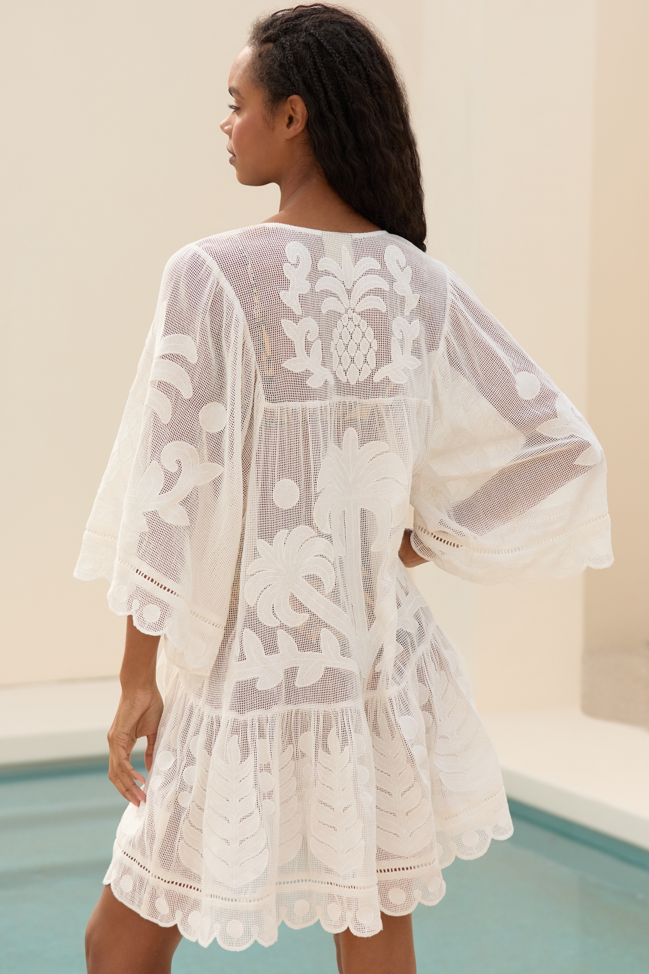 Farm Rio Palm Tree Cutwork Embroidered Cover-Up Mini Dress