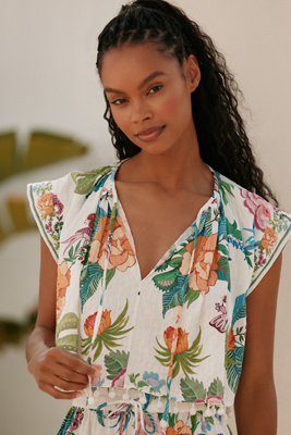 FARM RIO SHORT-SLEEVE V-NECK TASSEL BLOUSE 
