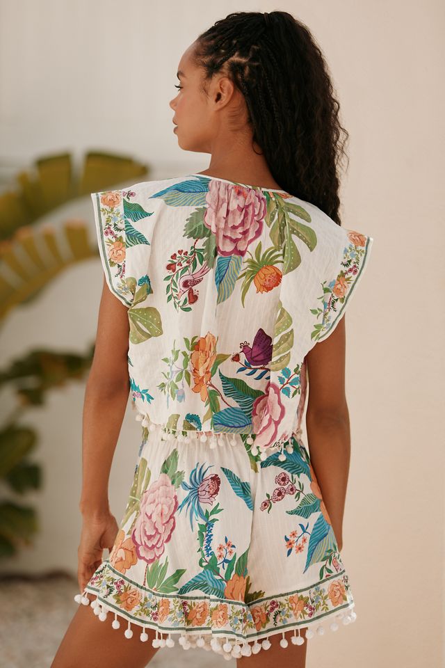 Farm Rio Short-Sleeve V-Neck Tassel Blouse