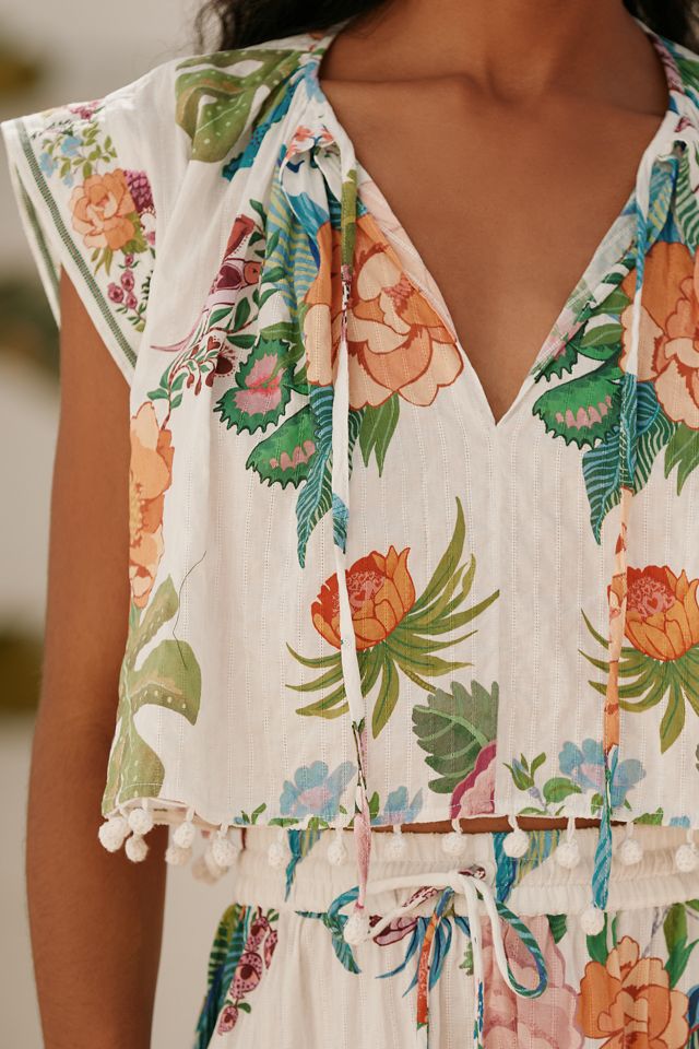 Farm Rio Short-Sleeve V-Neck Tassel Blouse