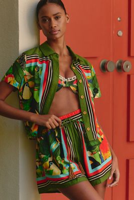 Farm Rio Tropical Destination Linen Crochet Shirt | Anthropologie