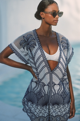 Farm Rio Richelieu Crochet Romper In Blue