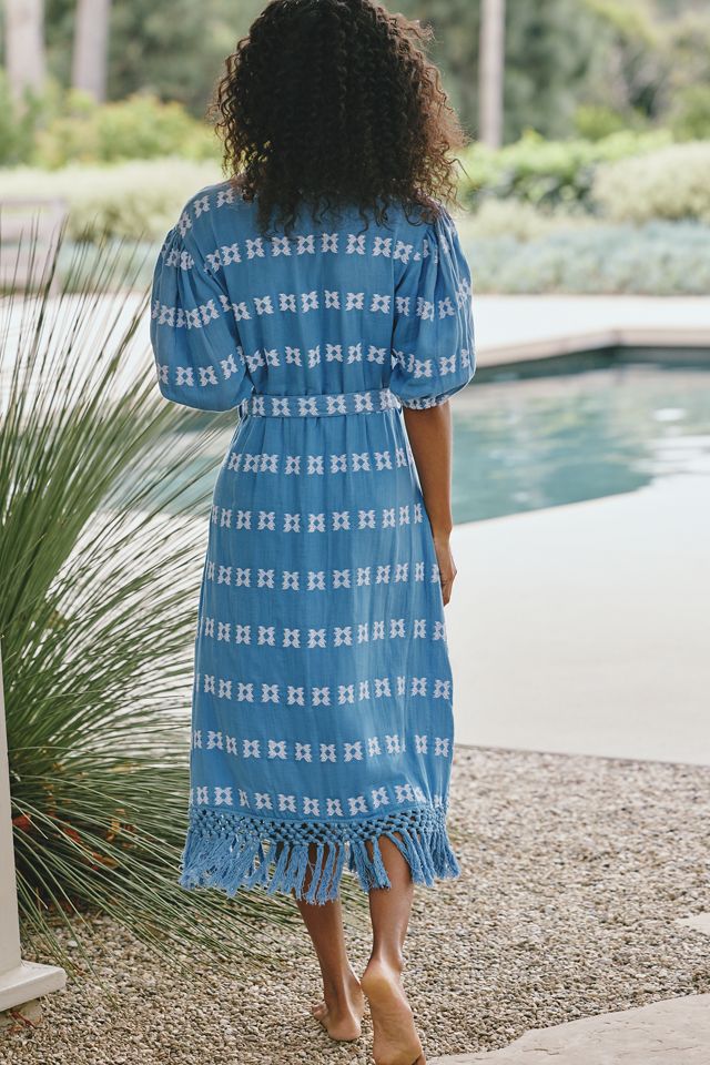 Mer St. Barth Estelle Fringe Belted Buttondown Midi Dress