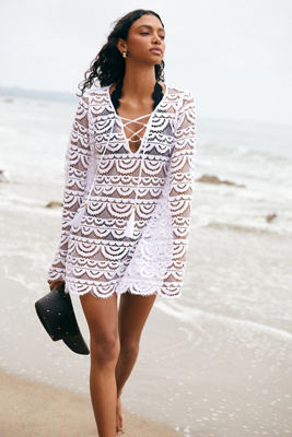 Shop Pq Swim Noah Sheer Lace Tunic Mini Dress In White