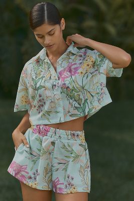Pq Swim Darcy Short-sleeve Floral Printed Crop Buttondown Shirt