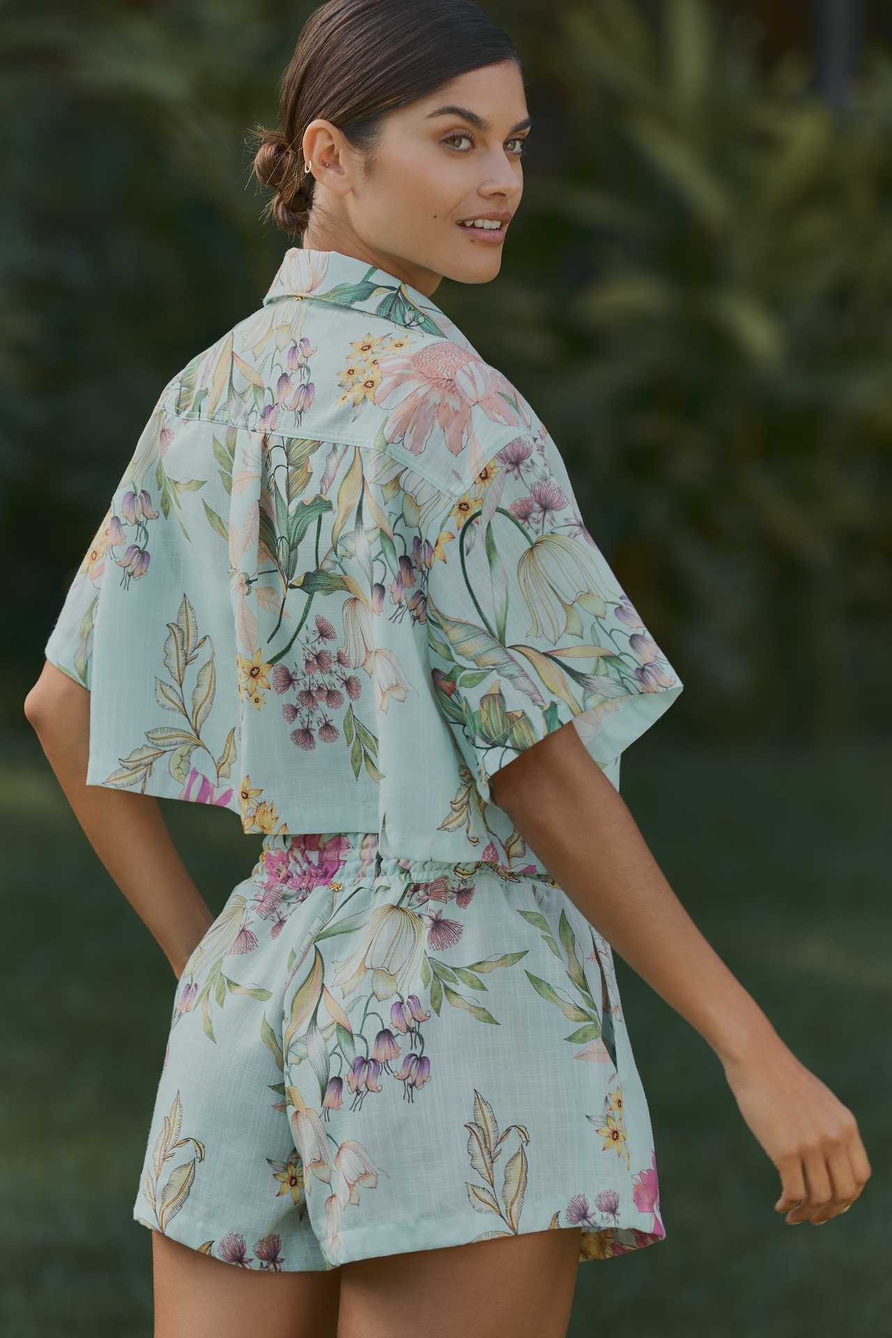PQ Swim Darcy Short-Sleeve Floral Printed Crop Buttondown Shirt
