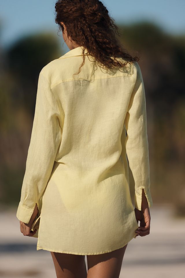 linen shirt dress beach cover up Sheer Linen Button-Down Side Slits Beach Cover-Up Shirt Dress main image 1