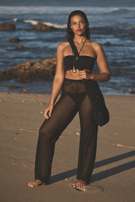 Shop Good American Wide-leg Mesh Cover-up Pants In Black