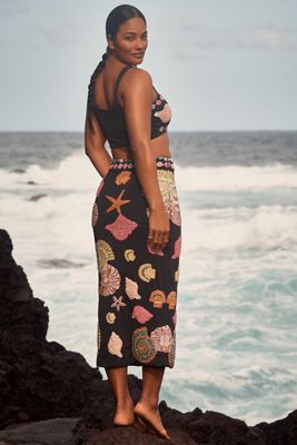Malai x Anthropologie Brisa Embroidered Linen Midi Skirt