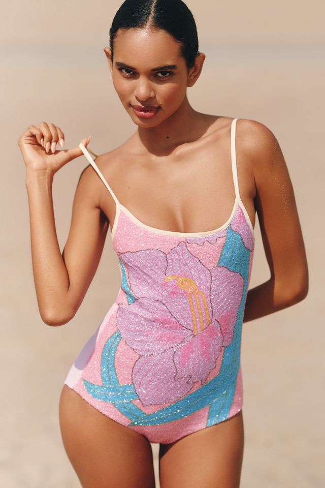Oceanus Tiffany Beaded One-Piece Swimsuit #1