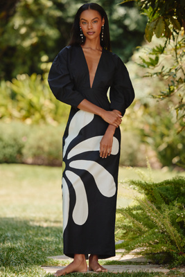 Cala De La Cruz Peninsula Cotton Puff-sleeve V-neck Maxi Dress In Black