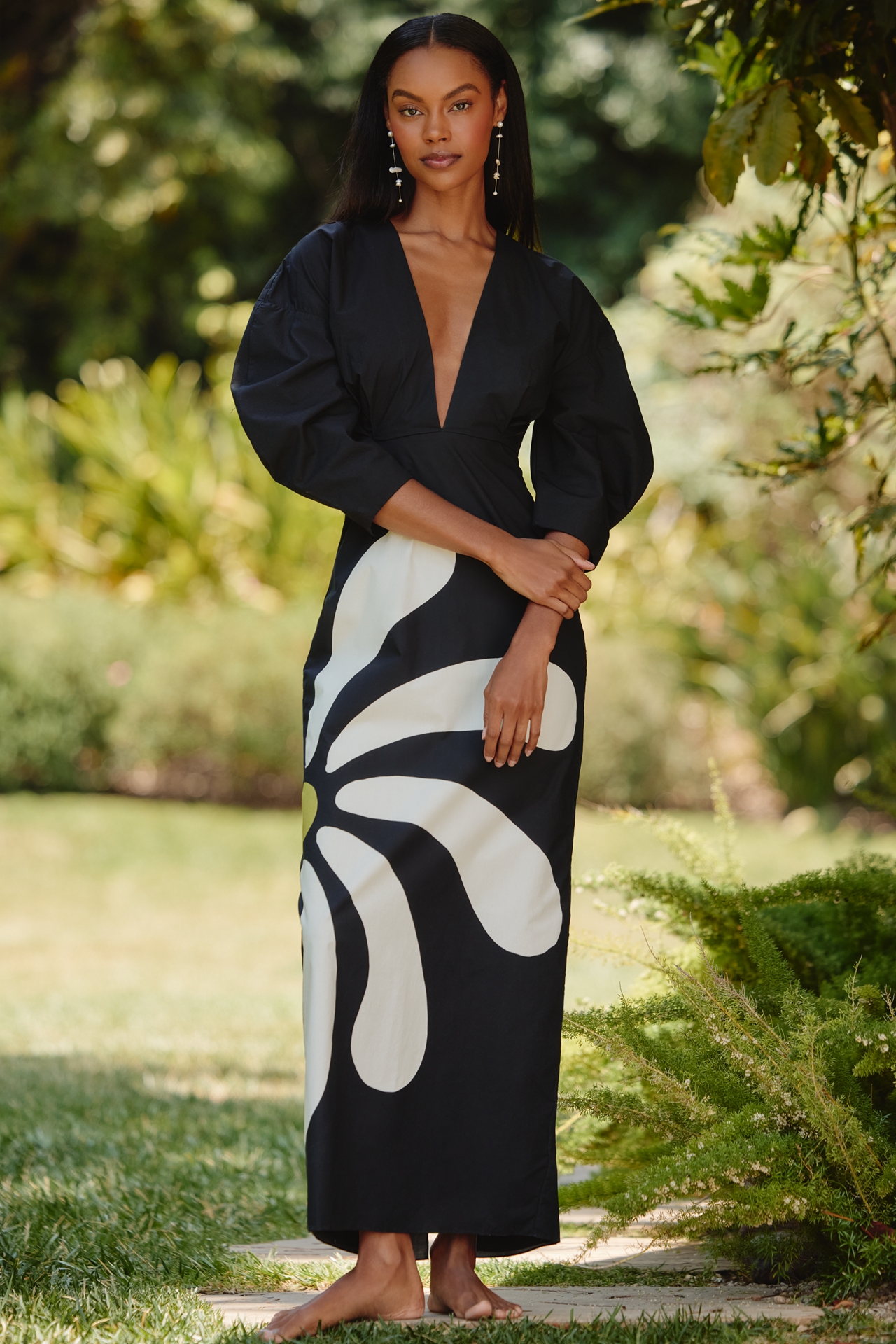 Cala de la Cruz Peninsula Cotton Puff-Sleeve V-Neck Maxi Dress