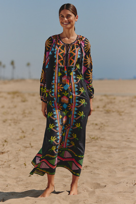 Farm Rio X Anthropologie Long-sleeve Tie-front Maxi Dress In Multi