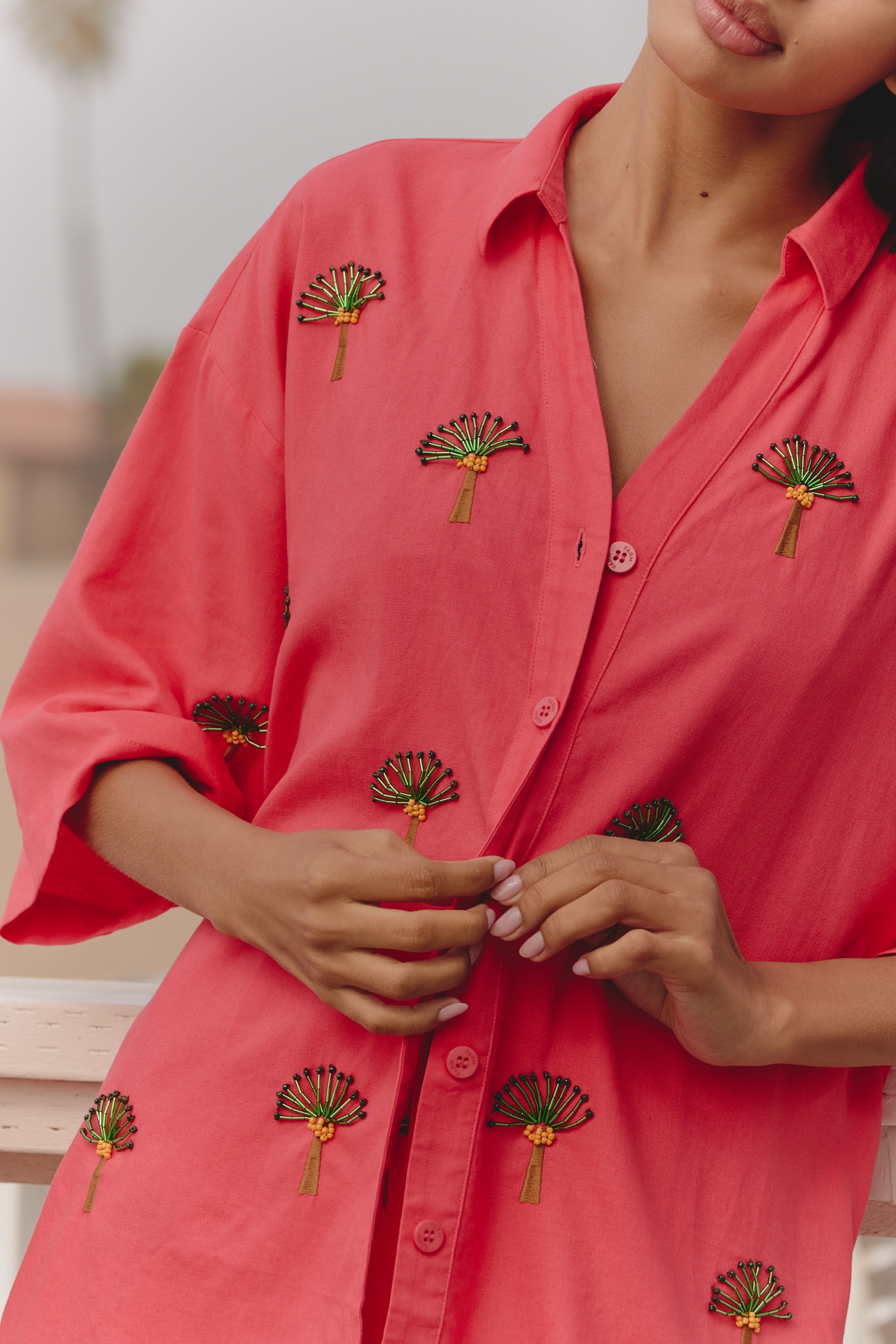 Farm Rio x Anthropologie Deco Short-Sleeve Palm Tree Buttondown Top