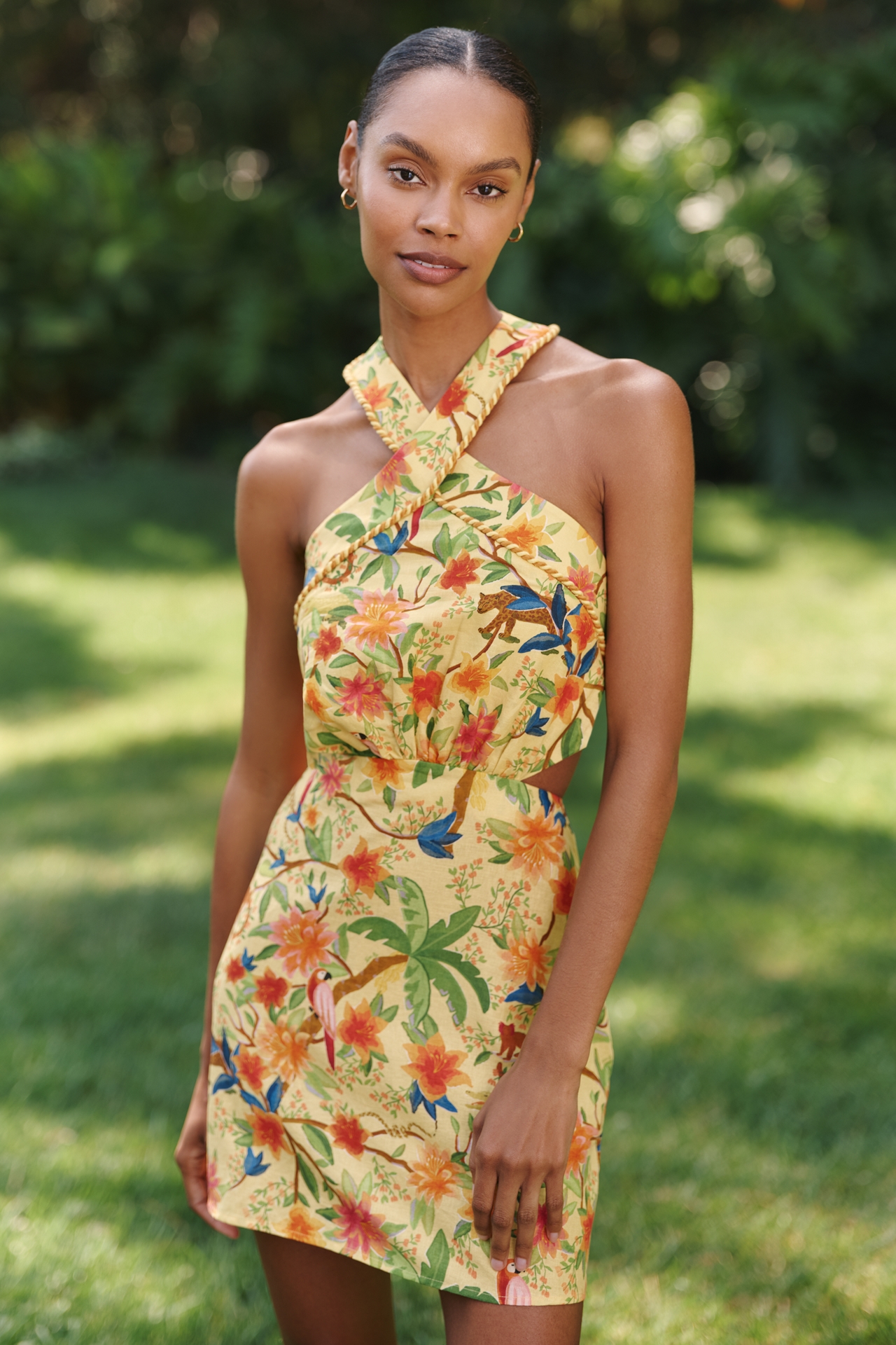 Farm Rio x Anthropologie Linen Blend Halter-Neck Mini Dress