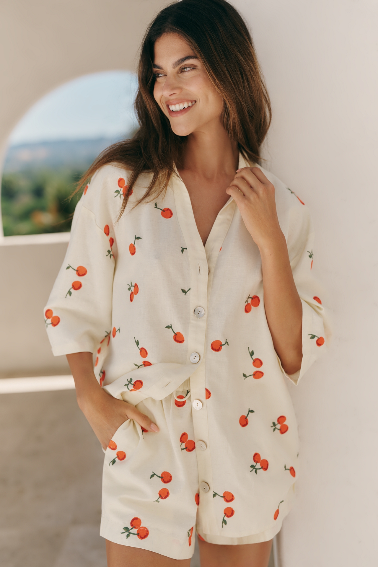 Farm Rio x Anthropologie Cotton Short-Sleeve Buttondown Shirt