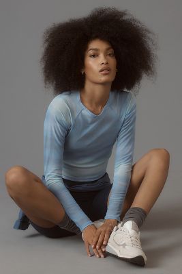 Shop Beyond Yoga Long-sleeve Show Off Printed Mesh Cropped Top In Blue