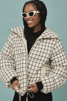 Varley Eugene Check Short Puffer Coat Jacket In Black