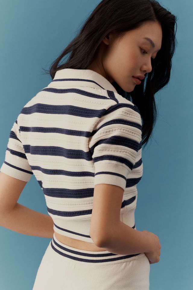 For Love & Lemons Simona Short-Sleeve Pointelle Striped Polo Sweater #1