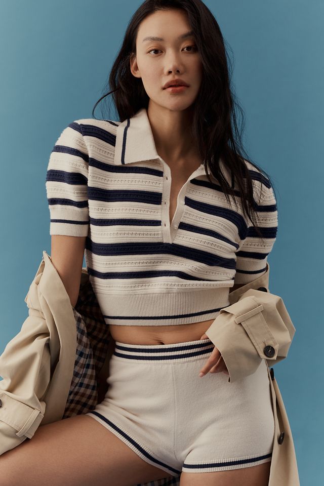 For Love & Lemons Simona Short-Sleeve Pointelle Striped Polo Sweater #2