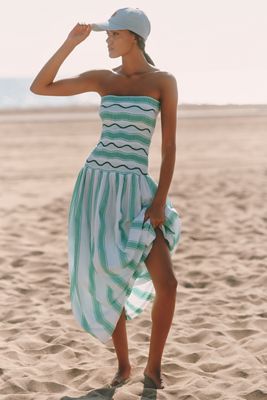 Vestido Midi Celandine sin Tirantes Fruncido con Cintura Caída