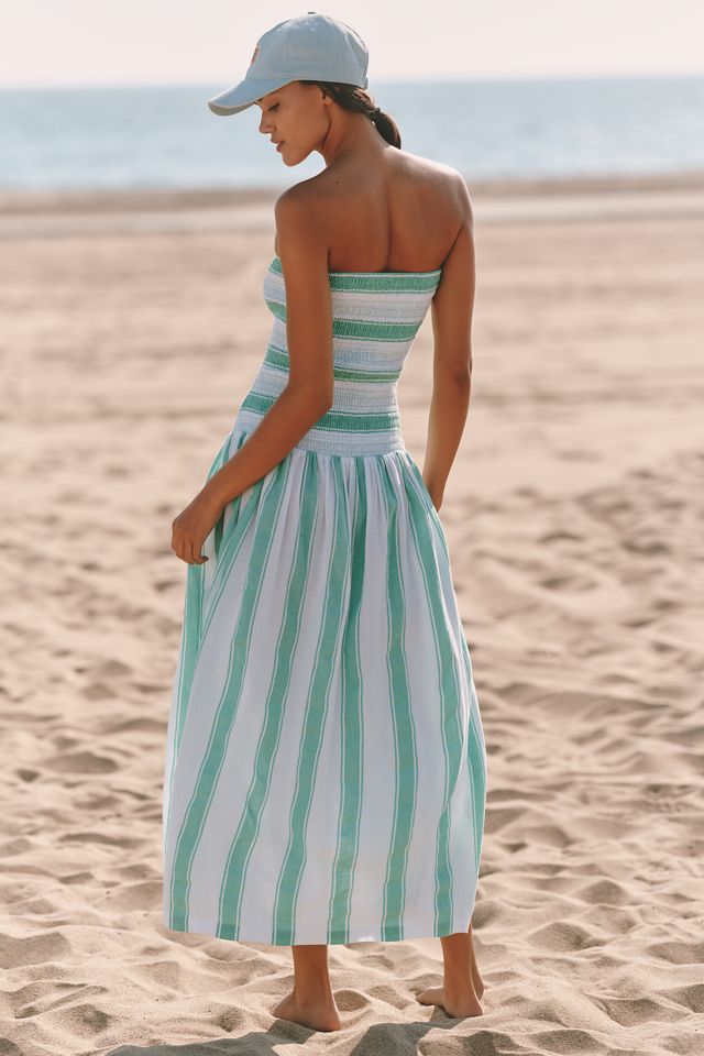 Celandine Strapless Smocked Drop-Waist Midi Dress